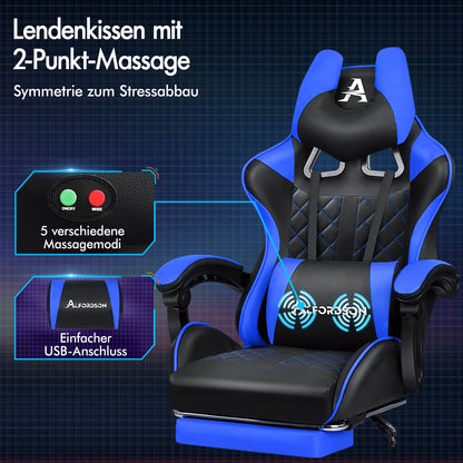 ALFORDSON Gaming Stuhl Office Racer Großes Lendenkissen Fußstütze Sitz Leder Blau