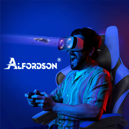 ALFORDSON Gaming Stuhl Office Racer Großes Lendenkissen Fußstütze Sitz Leder Blau