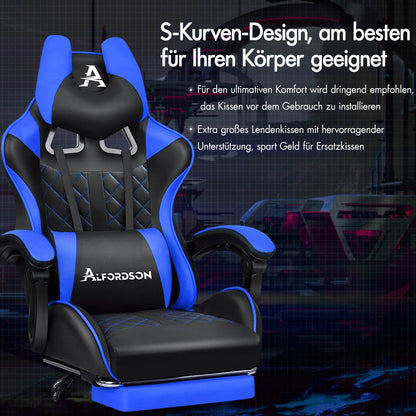 ALFORDSON Gaming Stuhl Office Racer Großes Lendenkissen Fußstütze Sitz Leder Blau