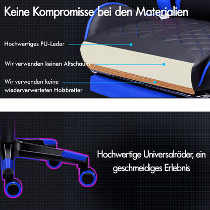 ALFORDSON Gaming Stuhl Office Racer Großes Lendenkissen Fußstütze Sitz Leder Blau