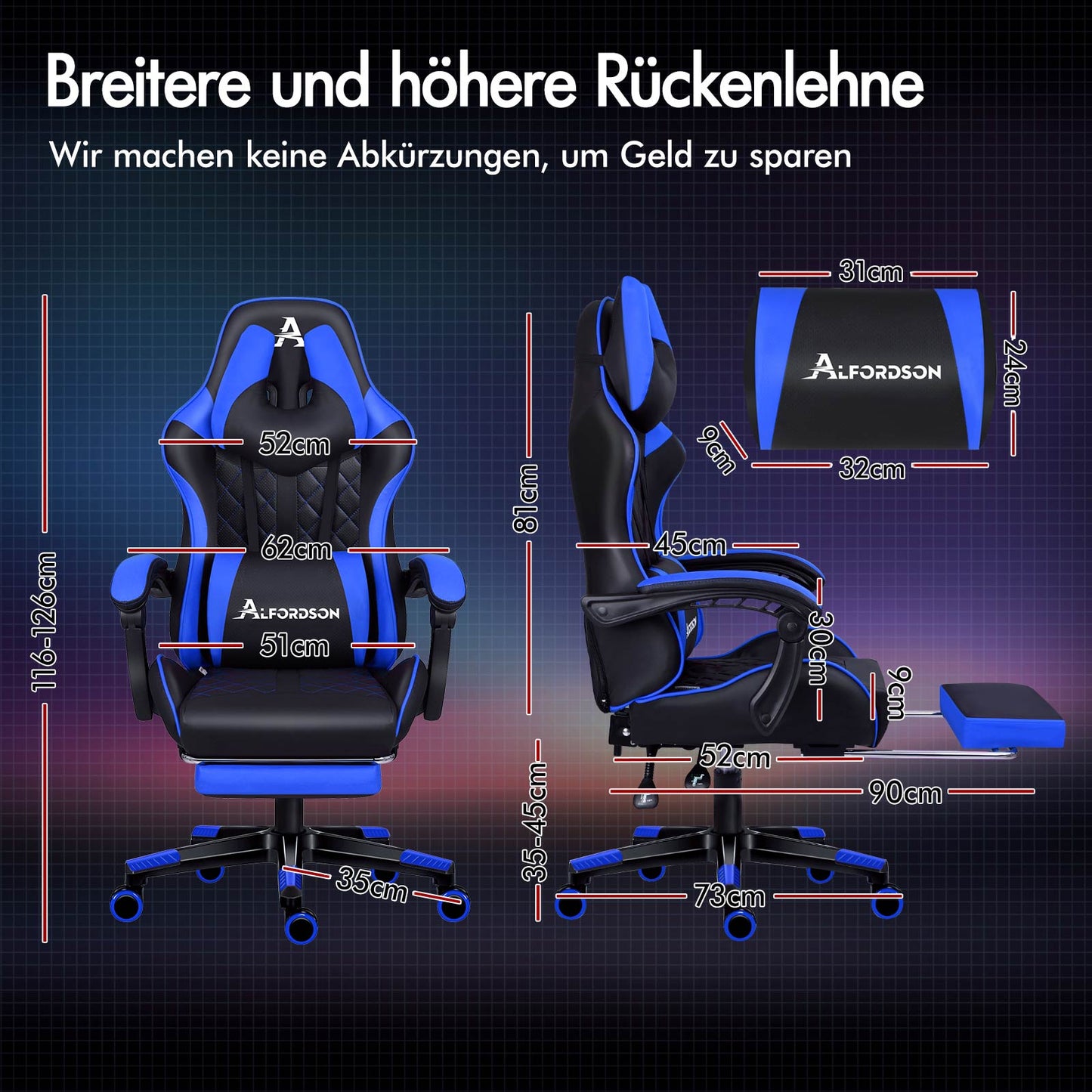 ALFORDSON Gaming Stuhl Office Racer Großes Lendenkissen Fußstütze Sitz Leder Blau