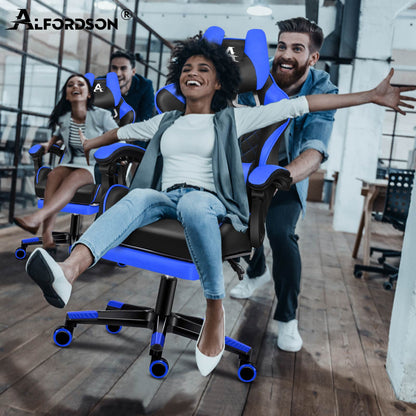 ALFORDSON Gaming Stuhl Office Racer Großes Lendenkissen Fußstütze Sitz Leder Blau