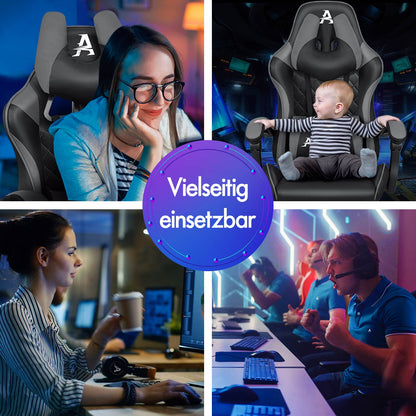 ALFORDSON Gaming Stuhl Office Racer Großes Lendenkissen Fußstütze Sitz Leder Grau