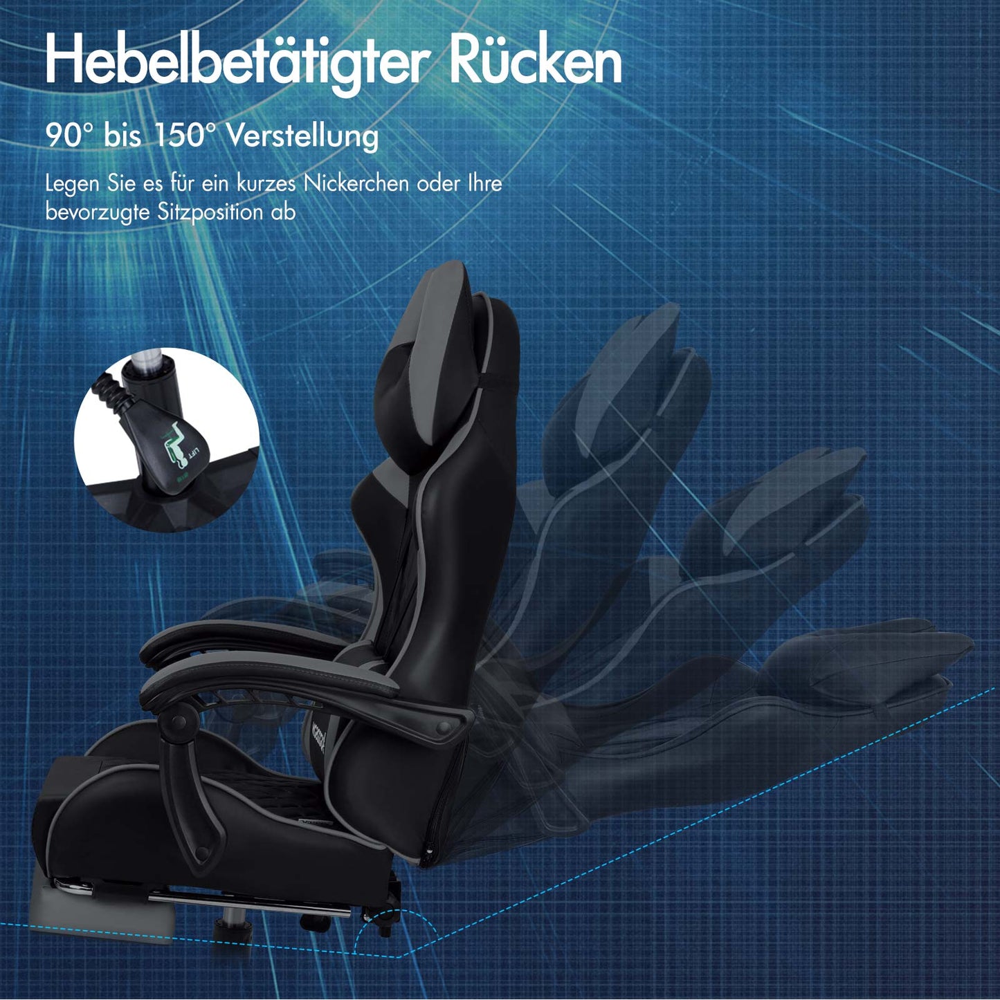 ALFORDSON Gaming Stuhl Office Racer Großes Lendenkissen Fußstütze Sitz Leder Grau