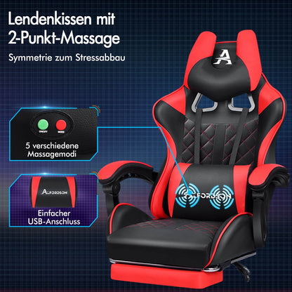 ALFORDSON Gaming Stuhl Office Racer Großes Lendenkissen Fußstütze Sitz Leder Rot