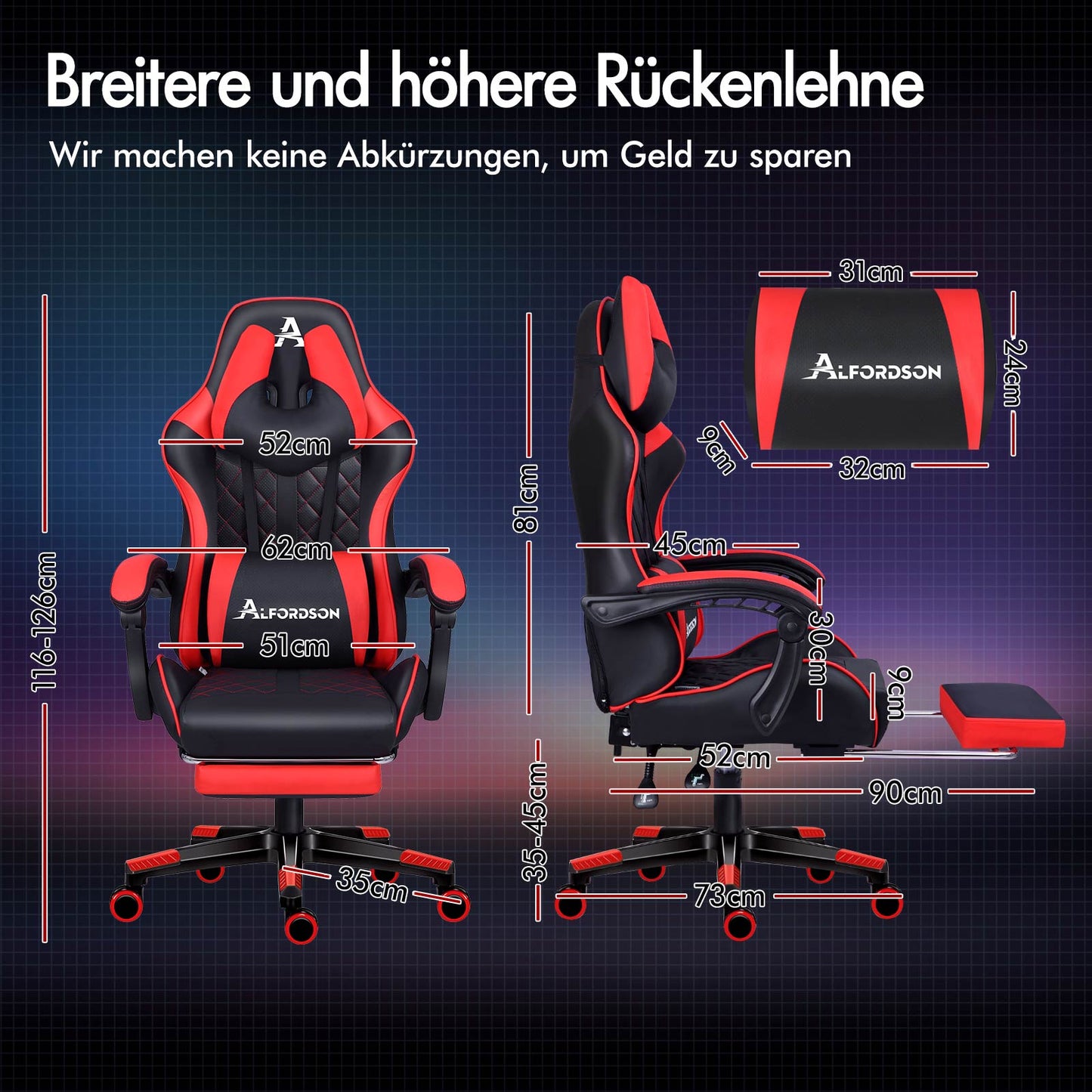 ALFORDSON Gaming Stuhl Office Racer Großes Lendenkissen Fußstütze Sitz Leder Rot