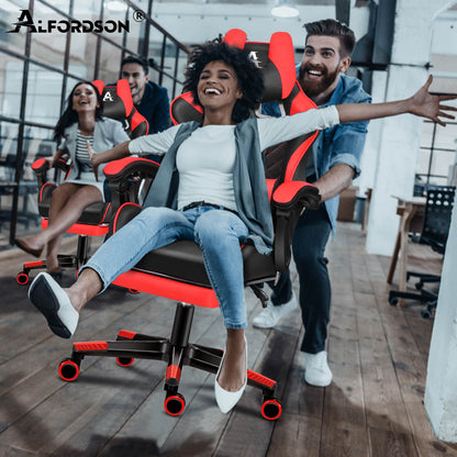ALFORDSON Gaming Stuhl Office Racer Großes Lendenkissen Fußstütze Sitz Leder Rot