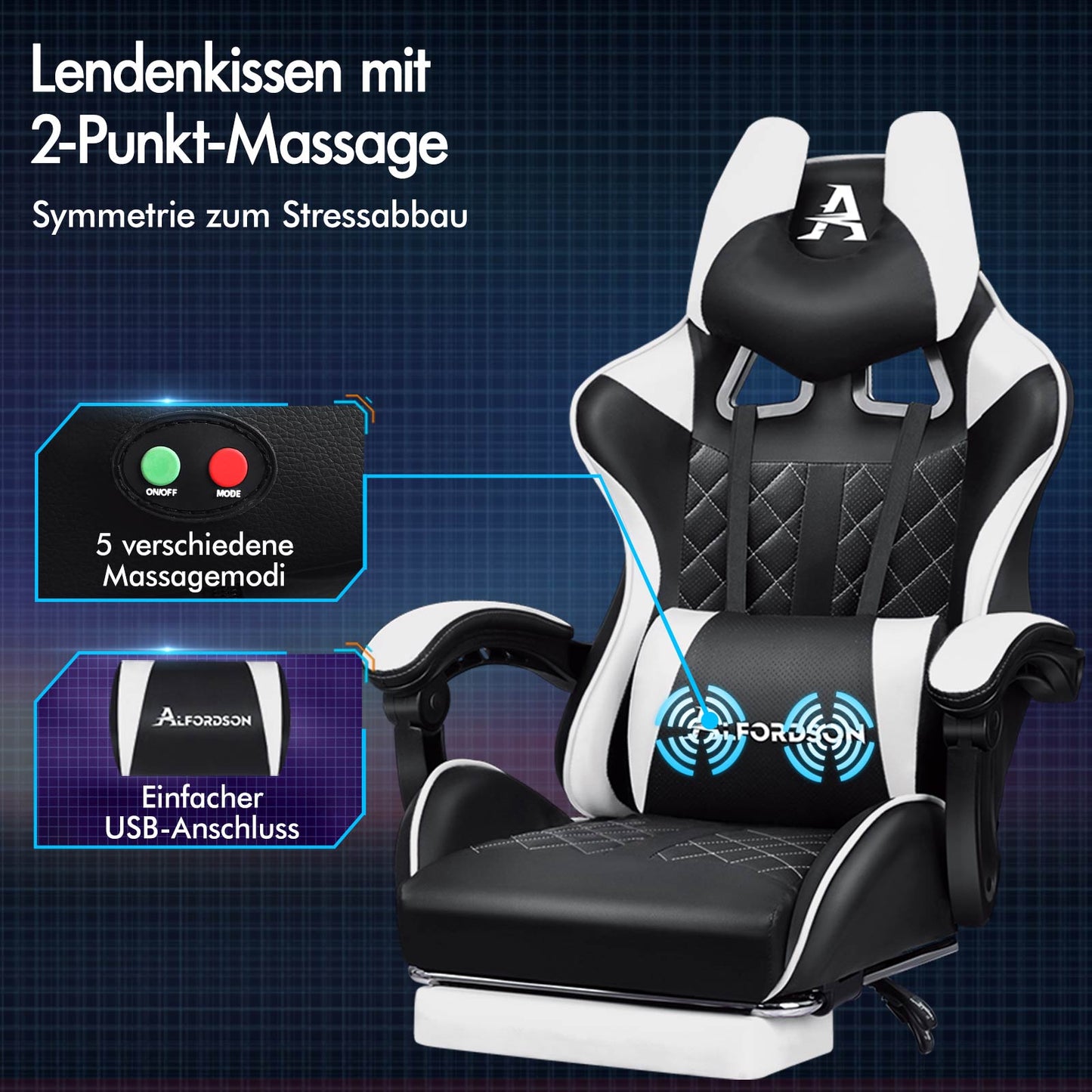 ALFORDSON Gaming Stuhl Office Racer Großes Lendenkissen Fußstütze Sitz Leder Weiß