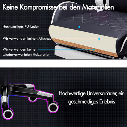 ALFORDSON Gaming Stuhl Office Racer Großes Lendenkissen Fußstütze Sitz Leder Weiß