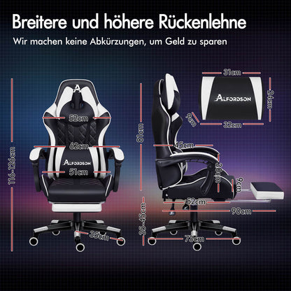 ALFORDSON Gaming Stuhl Office Racer Großes Lendenkissen Fußstütze Sitz Leder Weiß