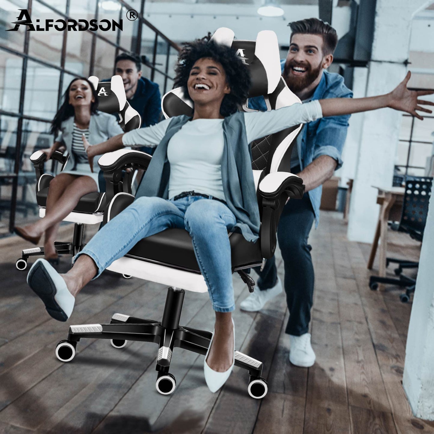 ALFORDSON Gaming Stuhl Office Racer Großes Lendenkissen Fußstütze Sitz Leder Weiß