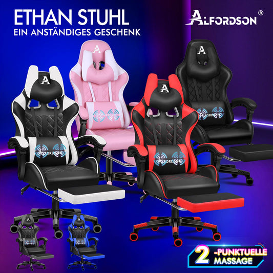 Silla gaming ALFORDSON de oficina Racer con cojín lumbar grande y reposapiés, asiento de cuero blanco