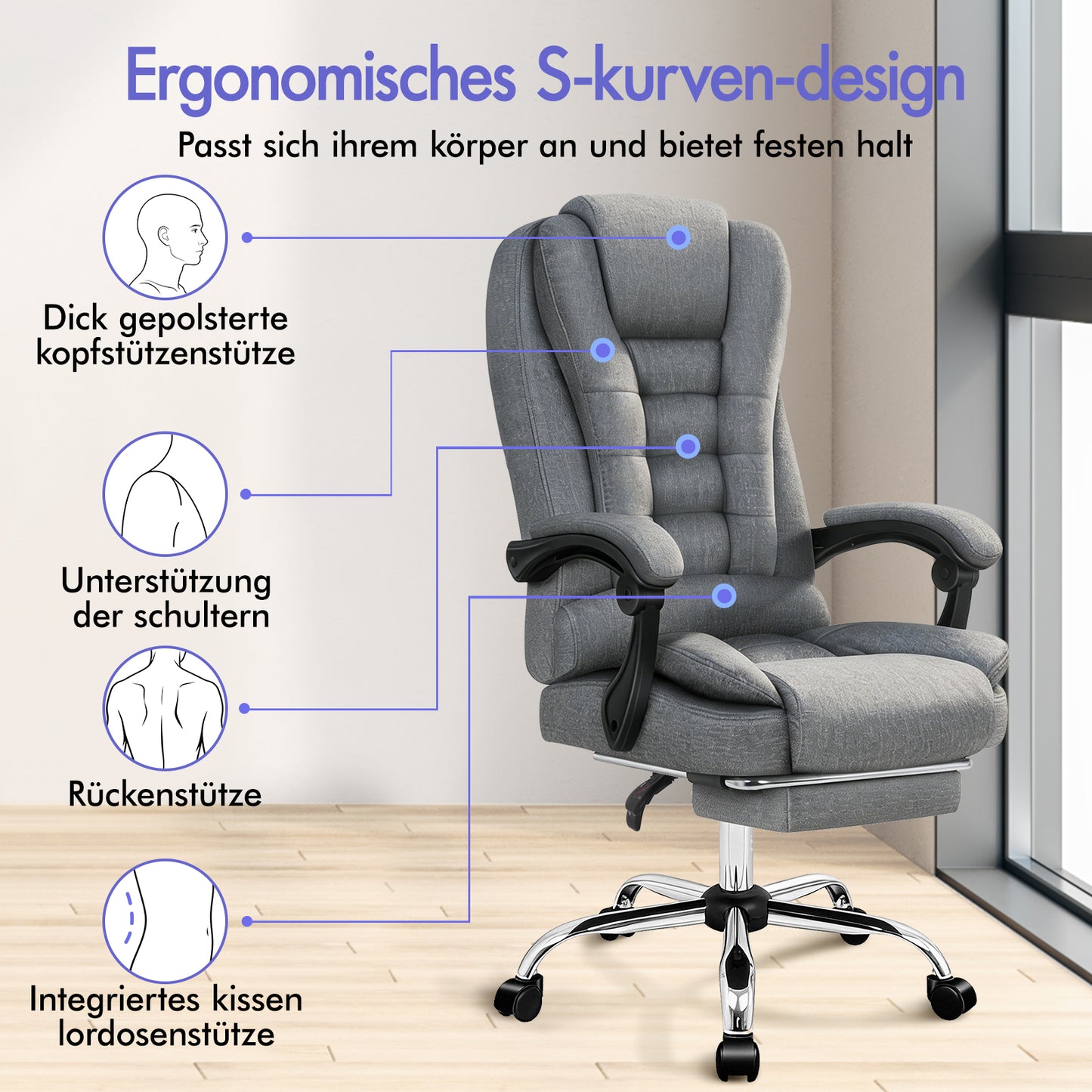 ALFORDSON Massage Bürostuhl Executive Sitz Stoff Gaming Computer Racer, Grau