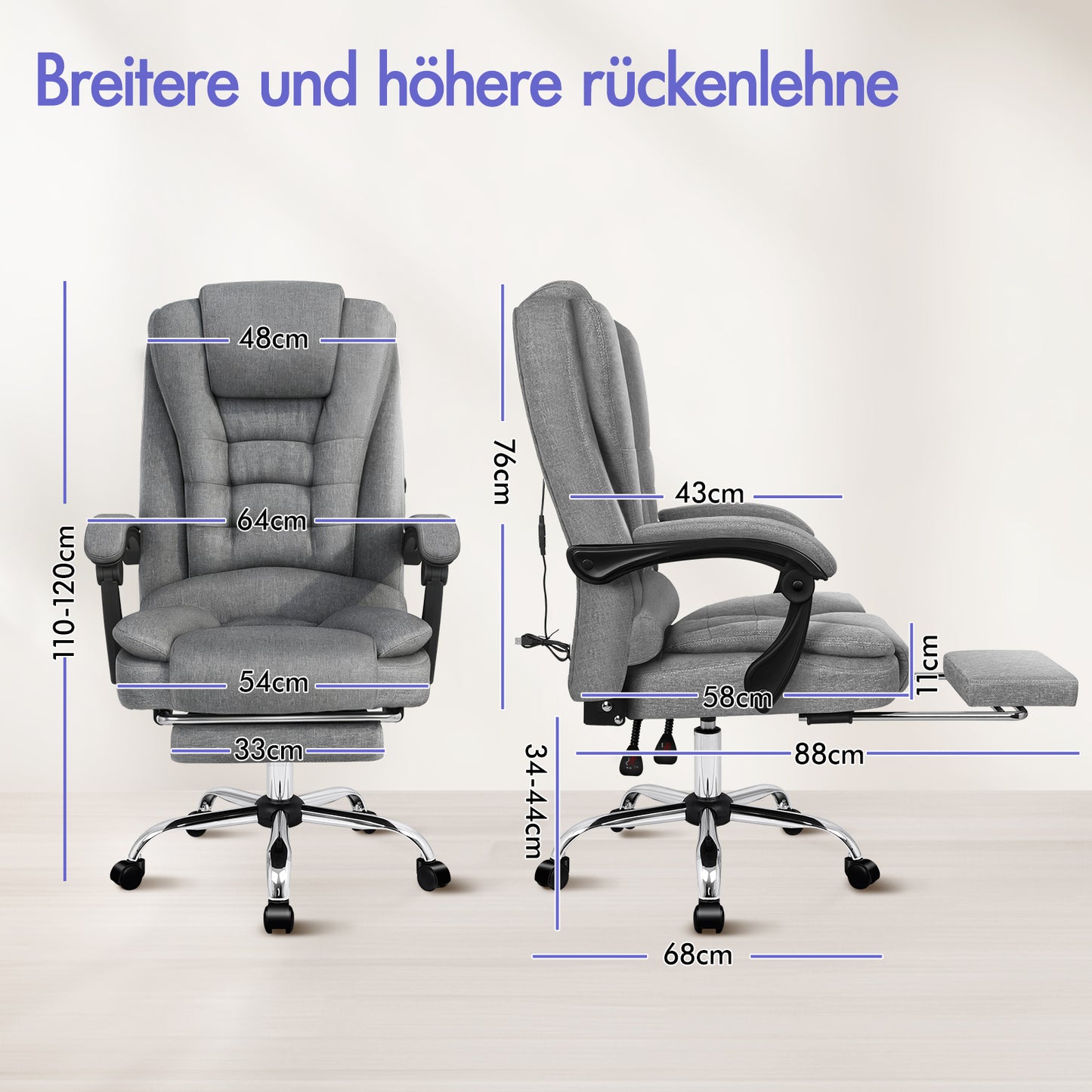 ALFORDSON Massage Bürostuhl Executive Sitz Stoff Gaming Computer Racer, Grau