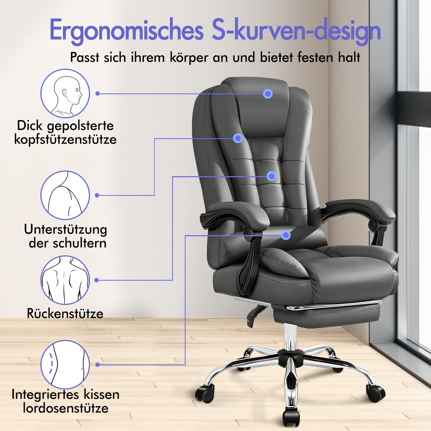 ALFORDSON Massage-Bürostuhl Gaming-Stuhl Executive-Sitz PU-Leder Computer Racer, Grau