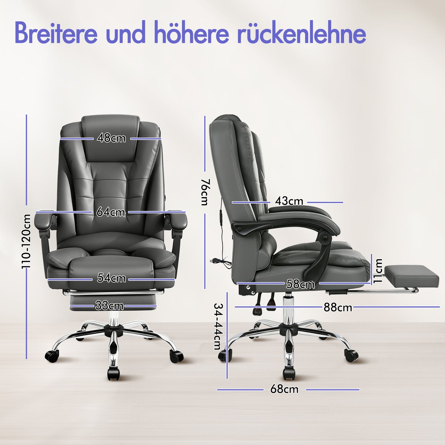 ALFORDSON Massage-Bürostuhl Gaming-Stuhl Executive-Sitz PU-Leder Computer Racer, Grau