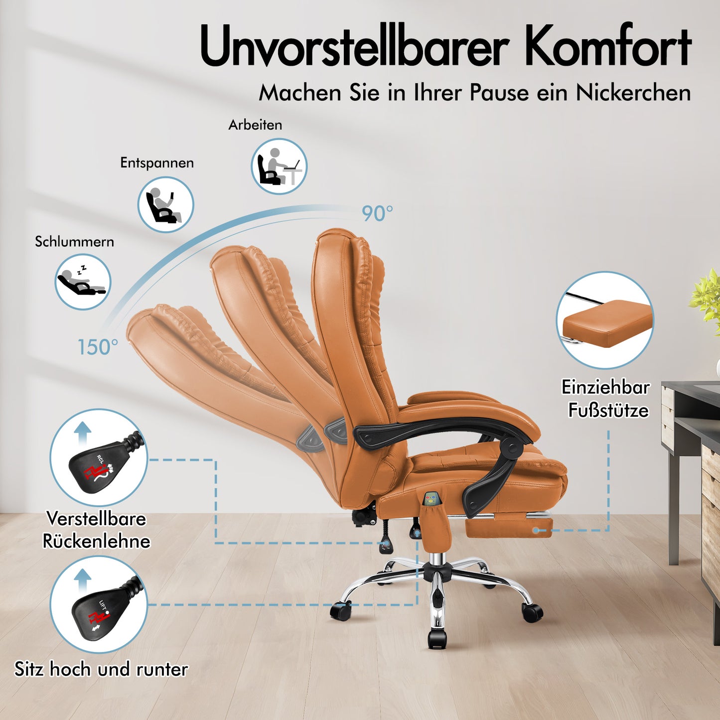 ALFORDSON Massage-Bürostuhl Beheizter Chef-Computersitz Braun