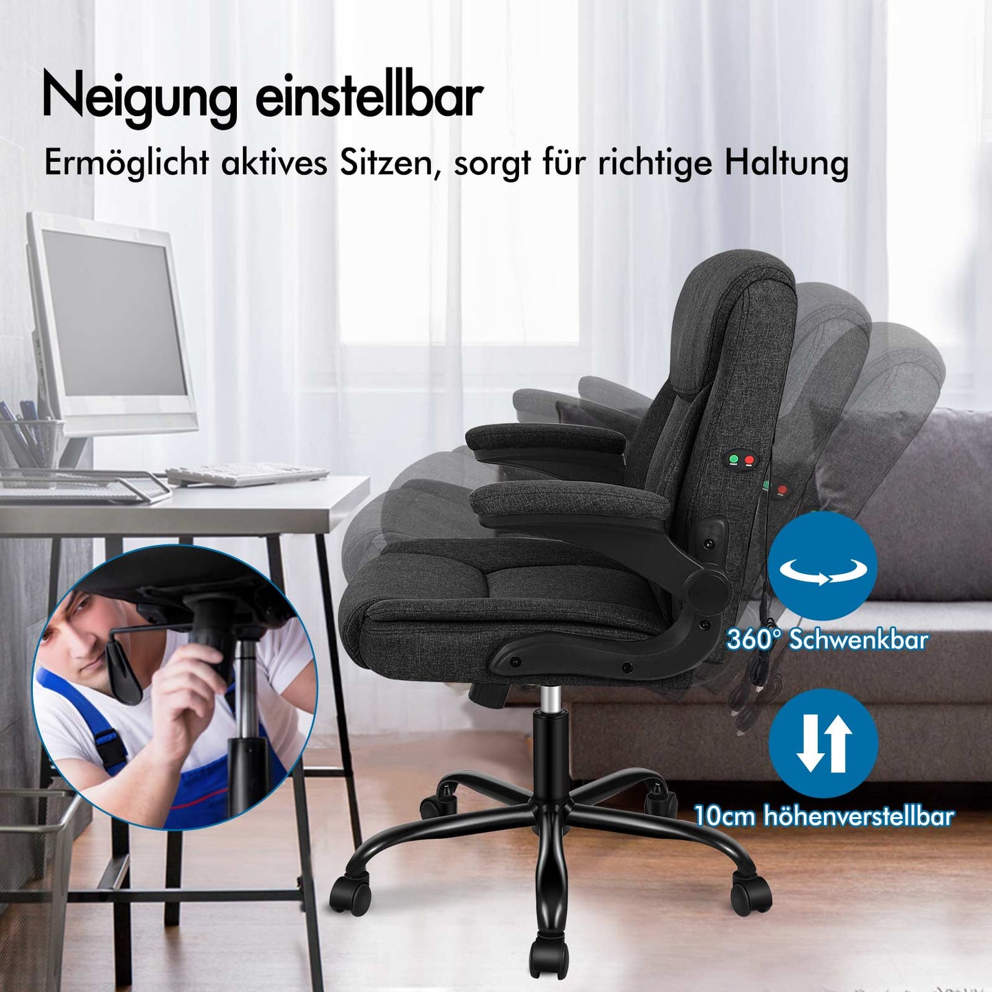 ALFORDSON Massage Bürostuhl Chefsessel Computerstuhl Gamingstuhl Stoff Schwarz