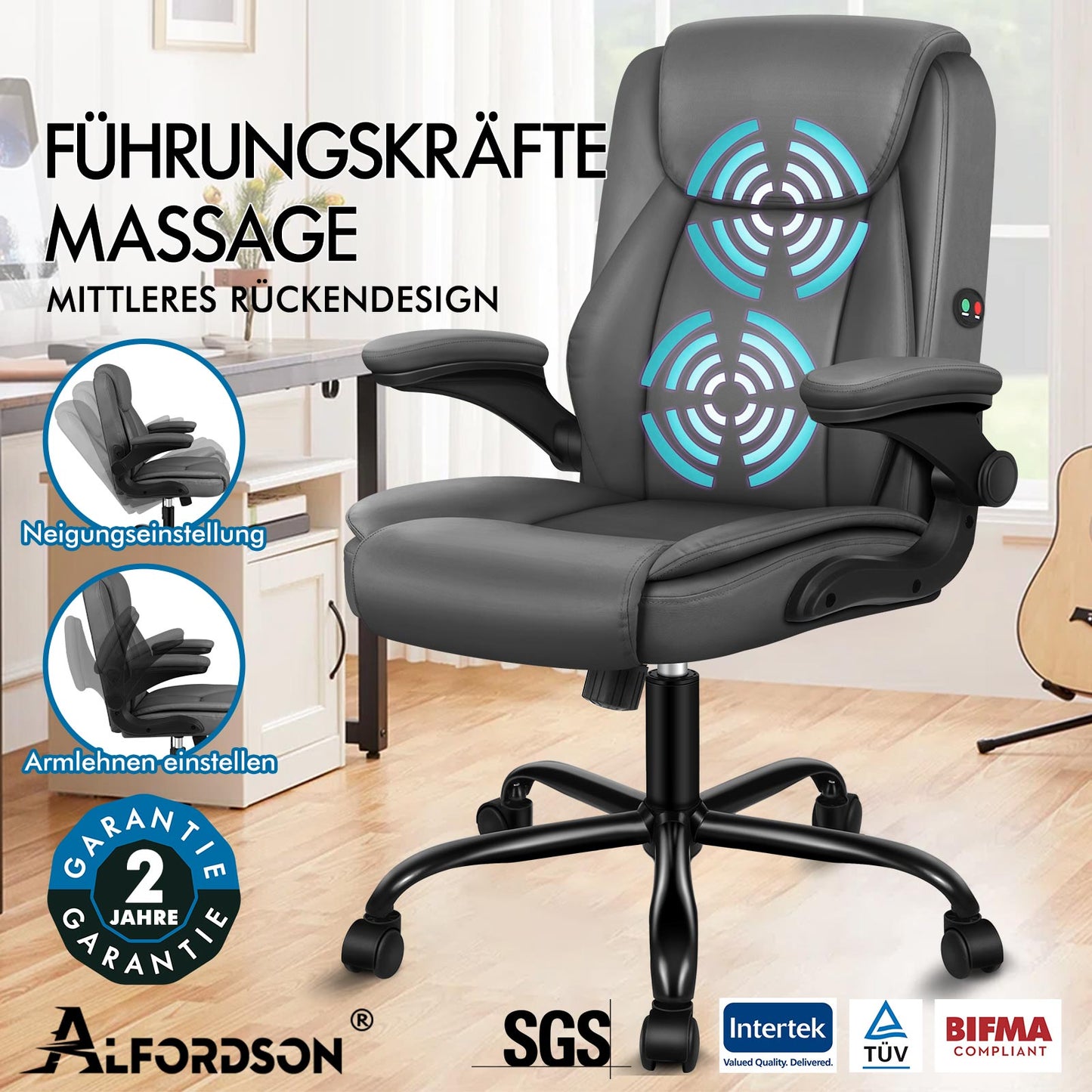 ALFORDSON Massage Bürostuhl Executive Computer Gaming Sitz PU Leder Grau