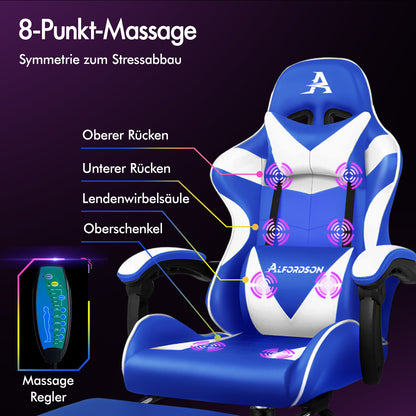 ALFORDSON Gaming Stuhl Büro Massage Computer Racing Sitz PU Leder Blau&Weiß