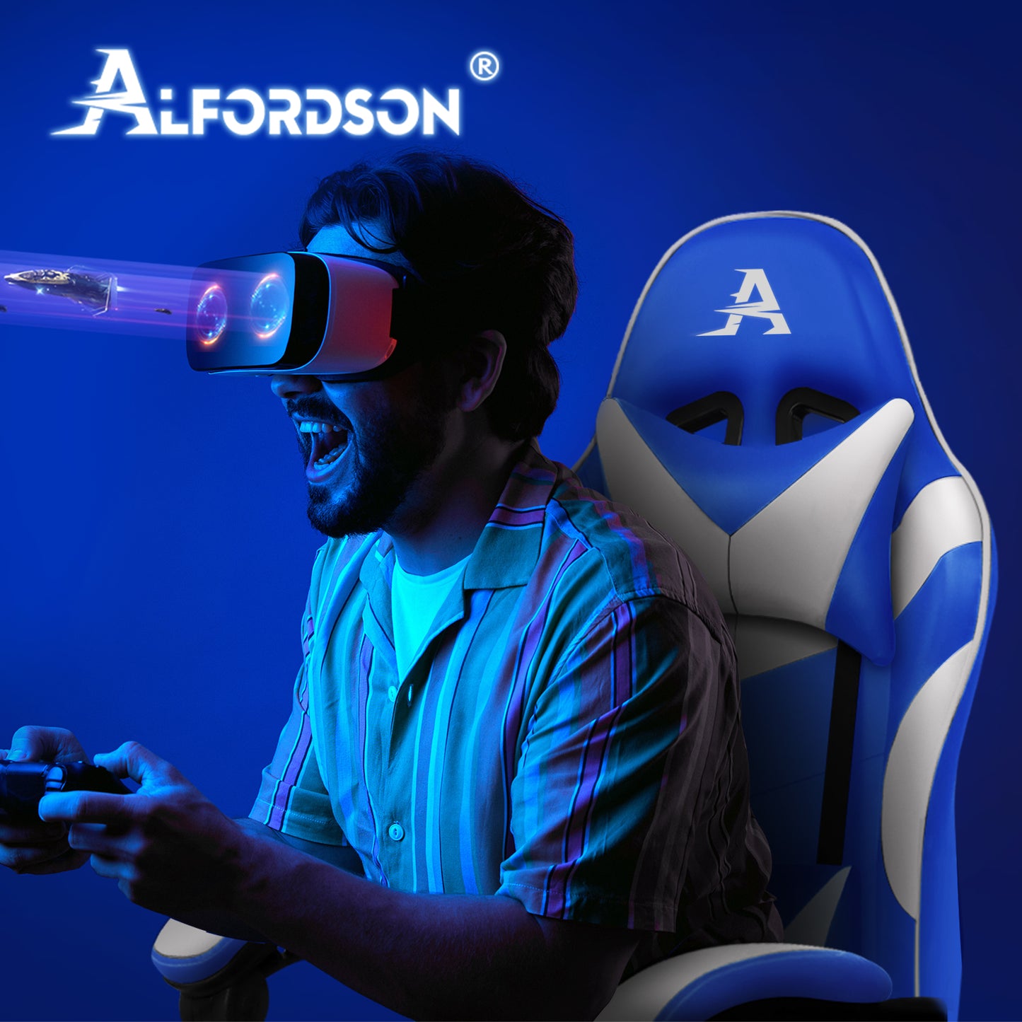 ALFORDSON Gaming Stuhl Büro Massage Computer Racing Sitz PU Leder Blau&Weiß