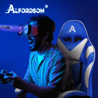 ALFORDSON Gaming Stuhl Büro Massage Computer Racing Sitz PU Leder Blau&Weiß