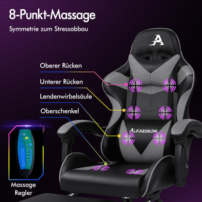 ALFORDSON Gaming Stuhl Büro Massage Computer Racing Sitz PU Leder Grau