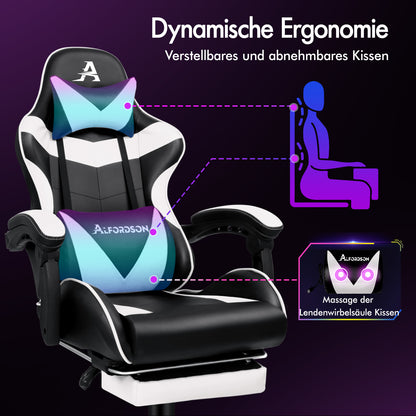 ALFORDSON Gaming Stuhl Büro Massage Computer Racing Sitz PU Leder Weiß