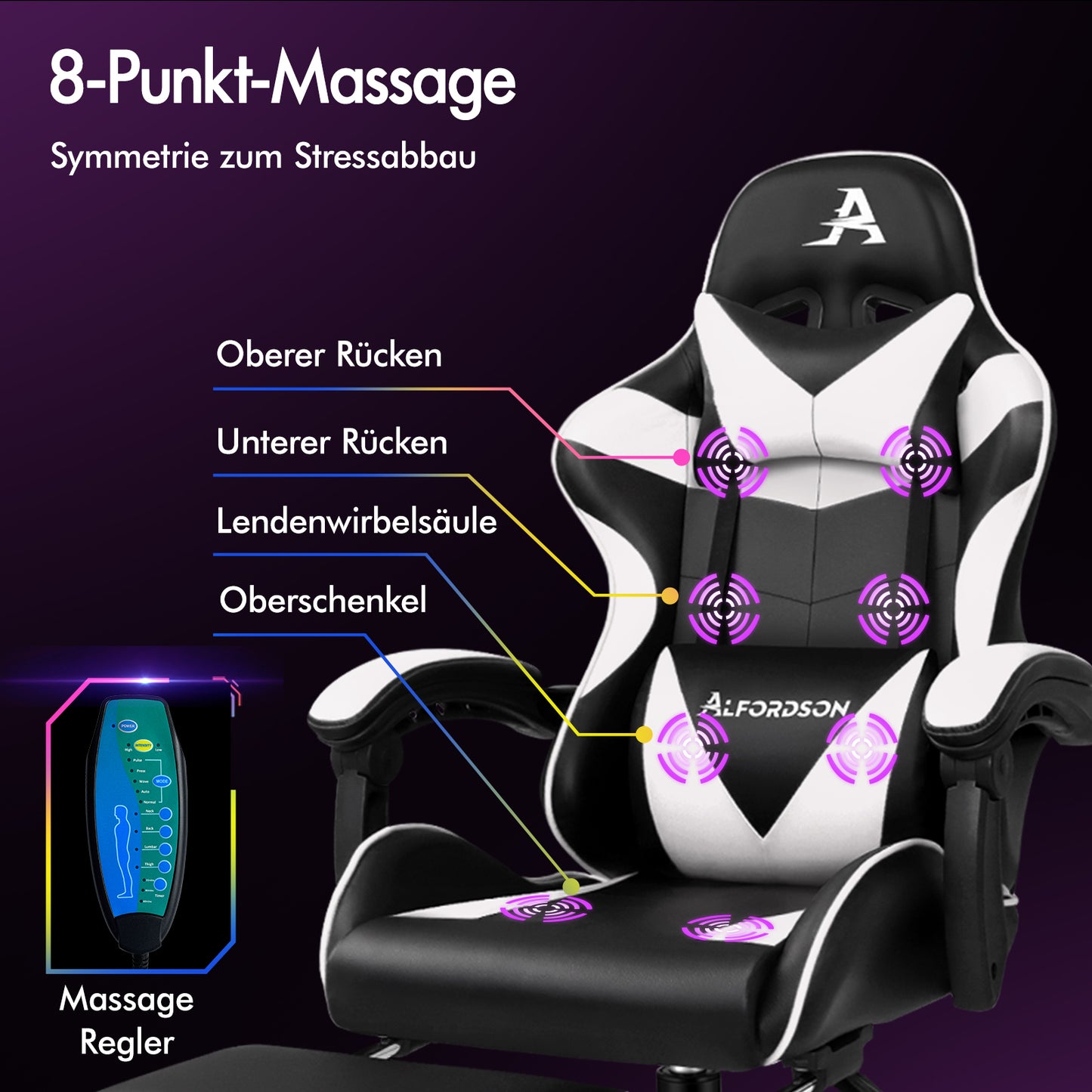 ALFORDSON Gaming Stuhl Büro Massage Computer Racing Sitz PU Leder Weiß