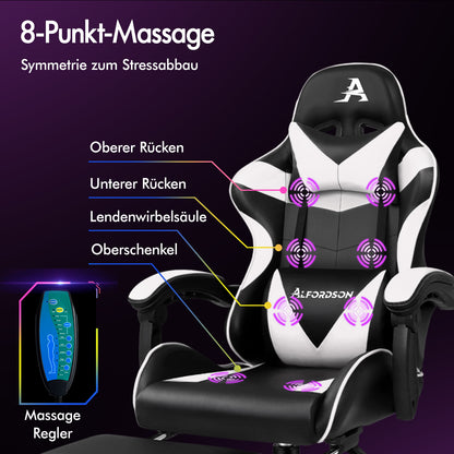 ALFORDSON Gaming Stuhl Büro Massage Computer Racing Sitz PU Leder Weiß