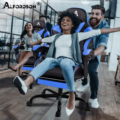 ALFORDSON Gaming Stuhl Bürostuhl Racing Stuhl Fußstütze Sitz PU Leder Blau
