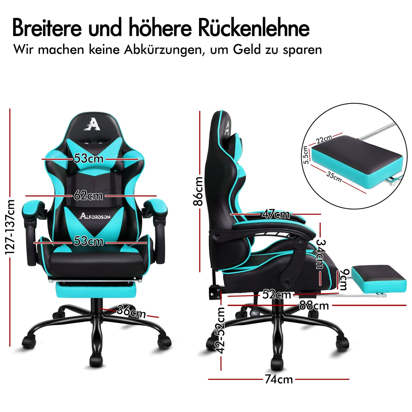 ALFORDSON Gaming Stuhl Bürostuhl Racing Stuhl Fußstütze Sitz PU Leder Cyan