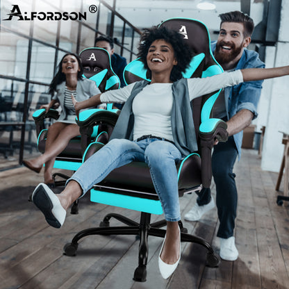 ALFORDSON Gaming Stuhl Bürostuhl Racing Stuhl Fußstütze Sitz PU Leder Cyan