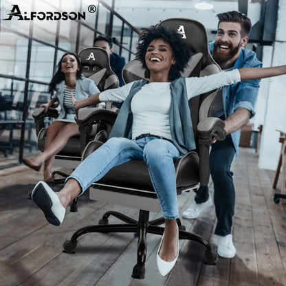 ALFORDSON Gaming Stuhl Bürostuhl Racing Stuhl Fußstütze Sitz PU Leder Grau