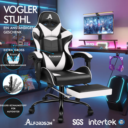 ALFORDSON Gaming Stuhl Bürostuhl Racing Stuhl Fußstütze Sitz PU Leder Weiß