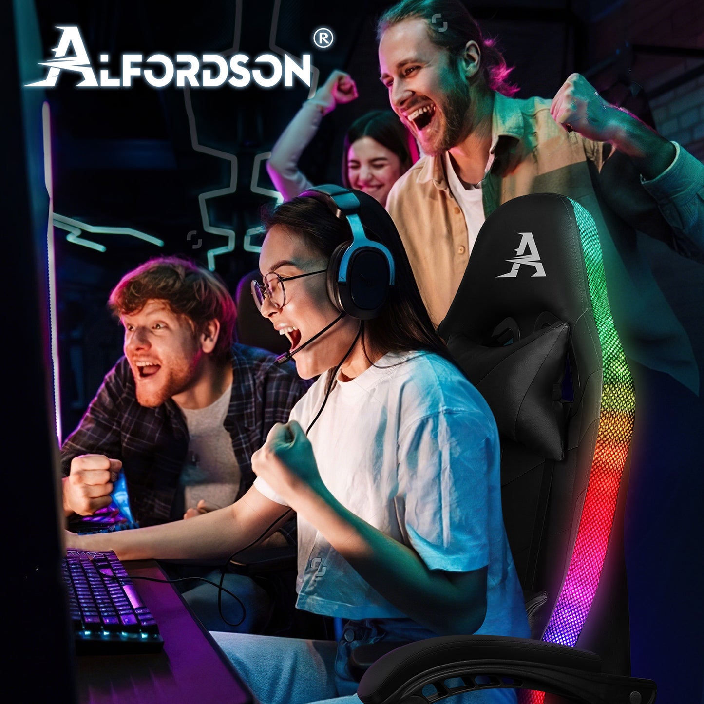 ALFORDSON Gaming Stuhl Büro Massage 12 RGB LED Computer Sitz PU Leder