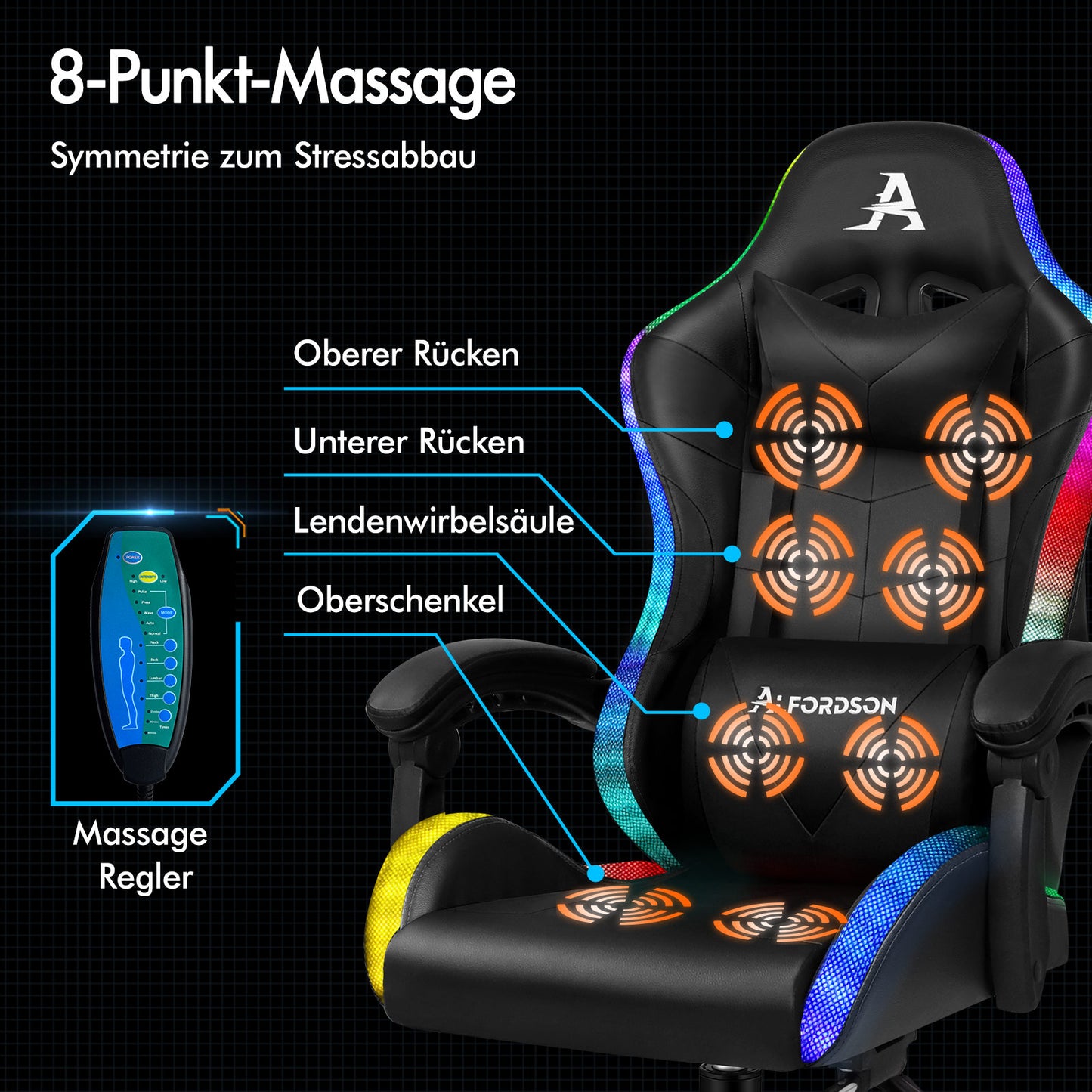 ALFORDSON Gaming Stuhl Büro Massage 12 RGB LED Computer Sitz PU Leder Schwarz