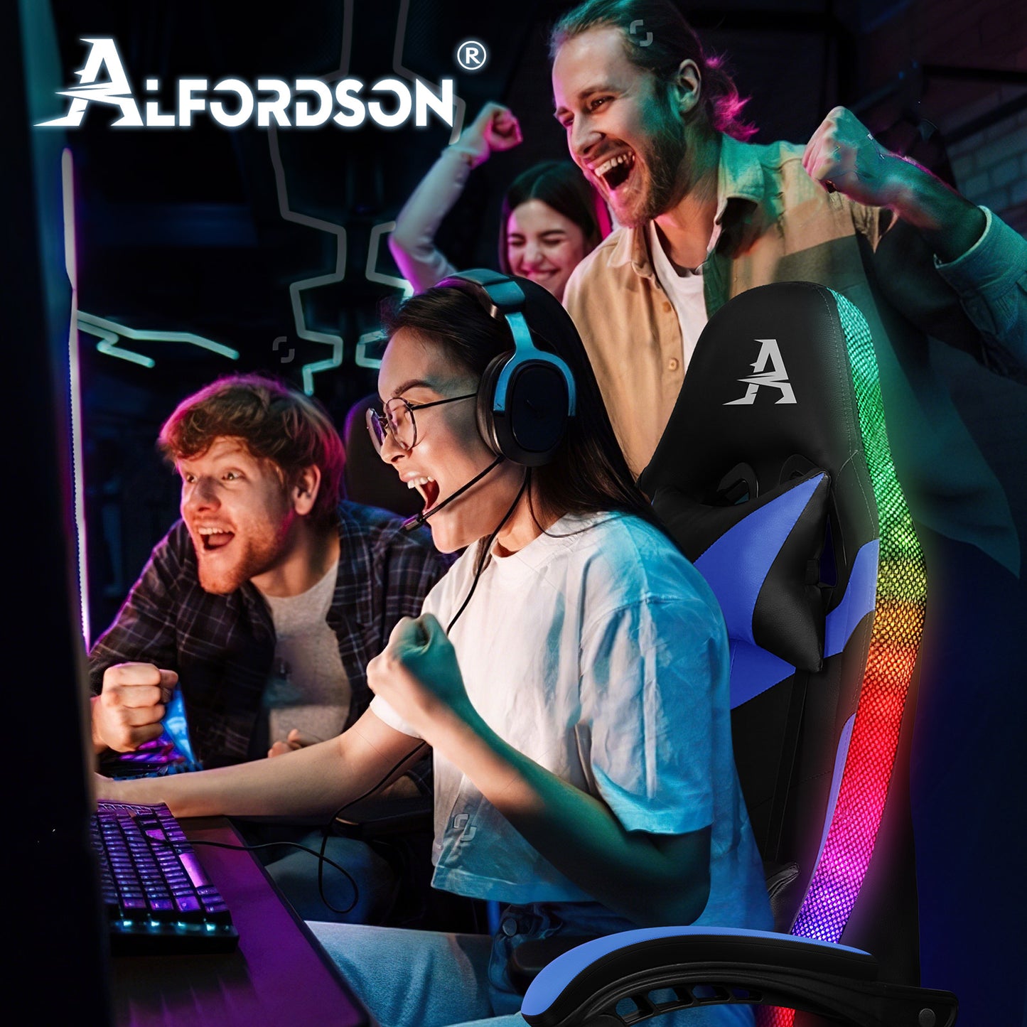 ALFORDSON Gaming Stuhl Büro Massage 12 RGB LED Computer Sitz PU Leder Blau