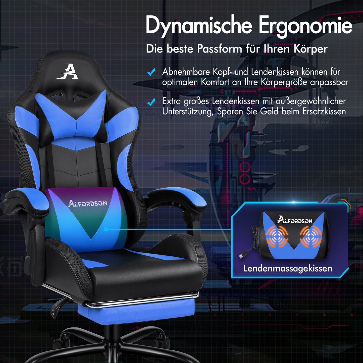 ALFORDSON Gaming Stuhl Büro Massage 12 RGB LED Computer Sitz PU Leder Blau