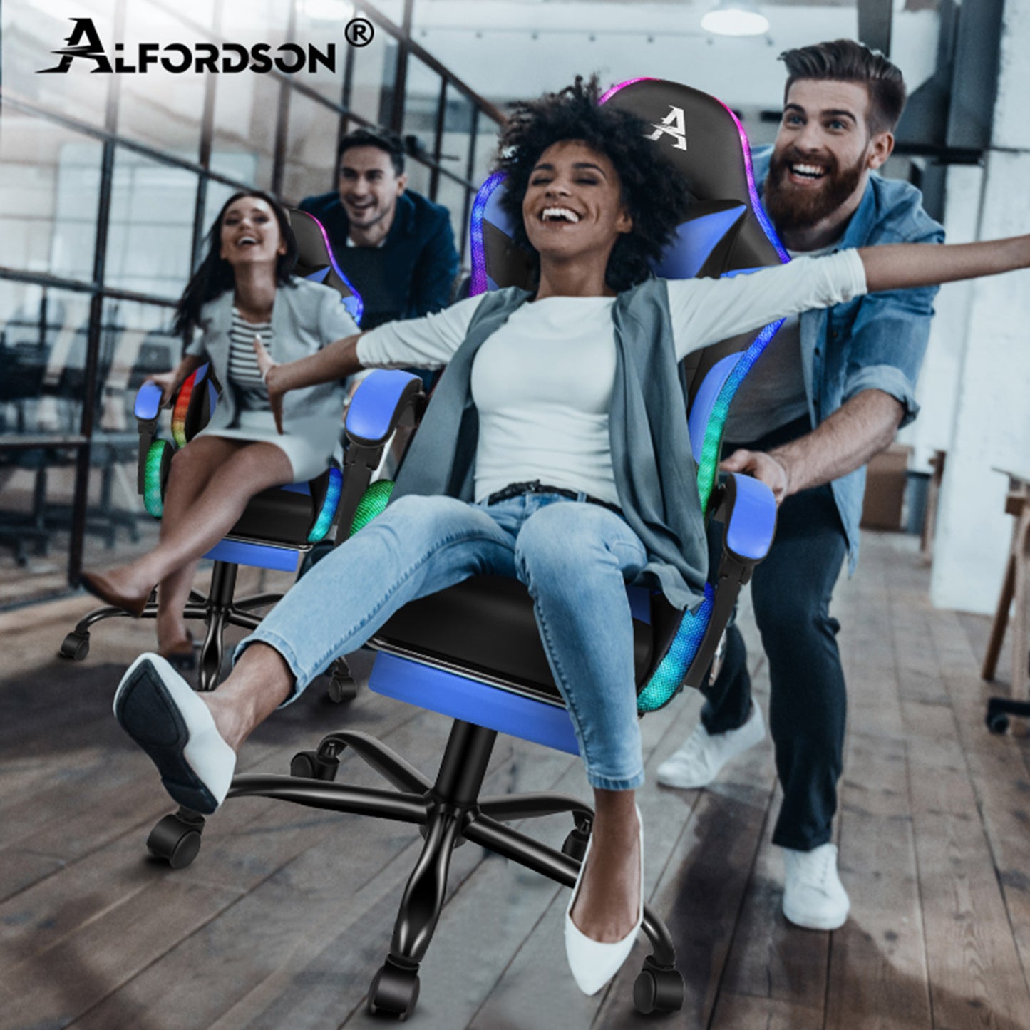ALFORDSON Gaming Stuhl Büro Massage 12 RGB LED Computer Sitz PU Leder Blau
