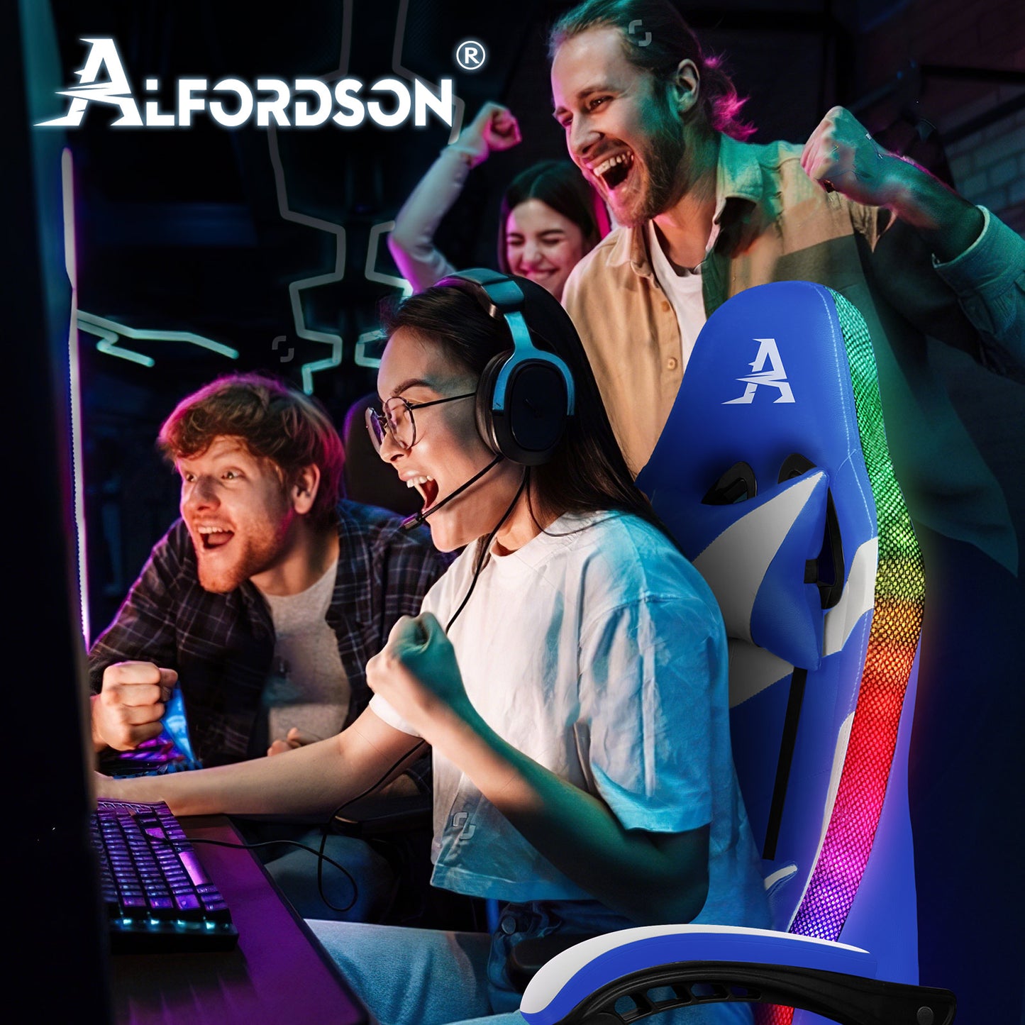 ALFORDSON Gaming Stuhl Büro Massage 12 RGB LED Computer Sitz PU Leder Weiß & Blau