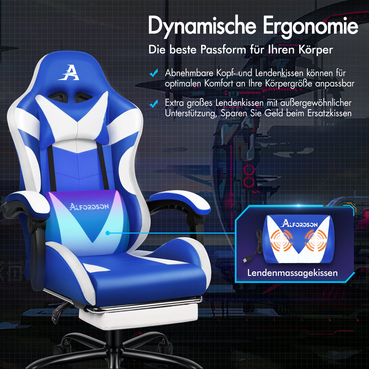 ALFORDSON Gaming Stuhl Büro Massage 12 RGB LED Computer Sitz PU Leder Weiß & Blau