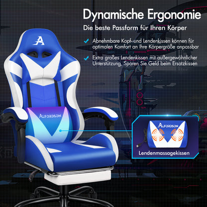 ALFORDSON Gaming Stuhl Büro Massage 12 RGB LED Computer Sitz PU Leder Weiß & Blau