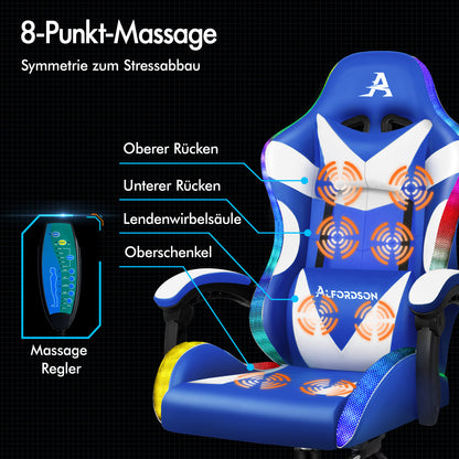 ALFORDSON Gaming Stuhl Büro Massage 12 RGB LED Computer Sitz PU Leder Weiß & Blau