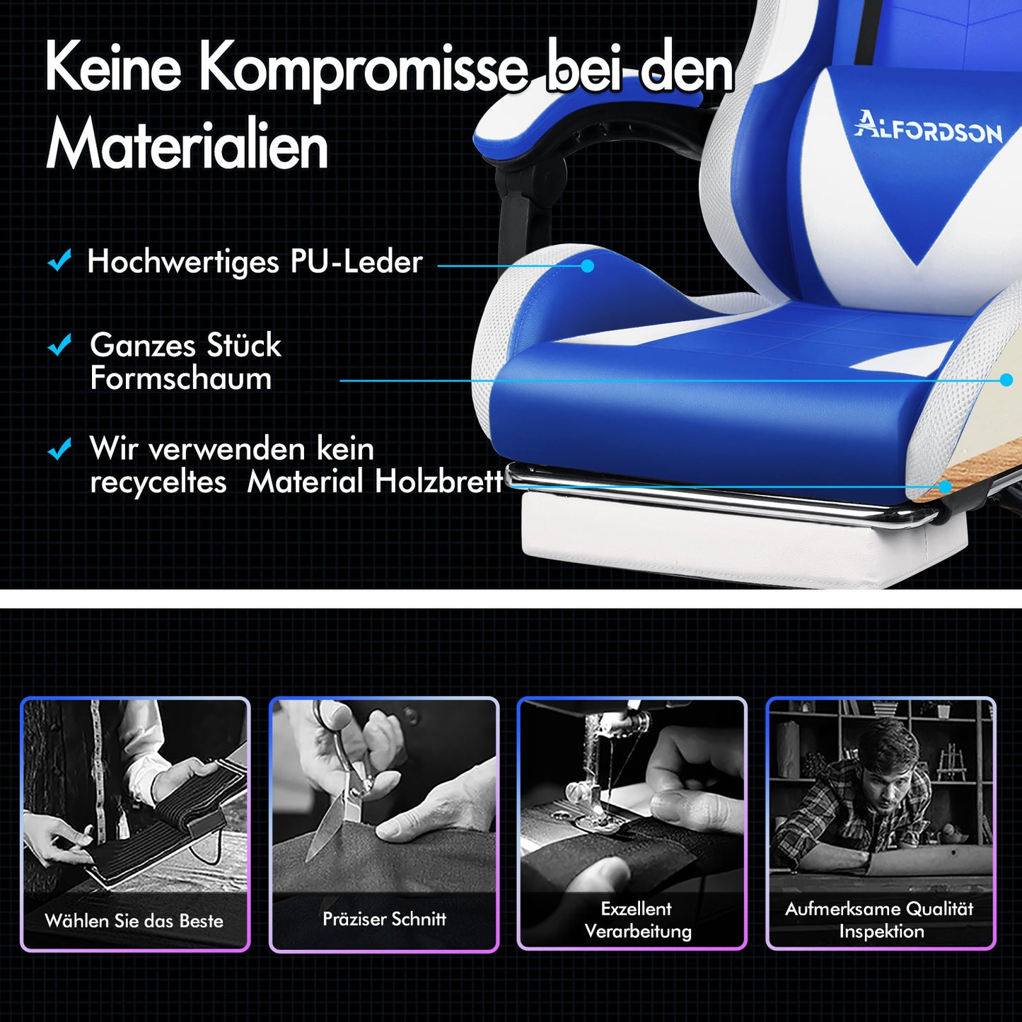 ALFORDSON Gaming Stuhl Büro Massage 12 RGB LED Computer Sitz PU Leder Weiß & Blau
