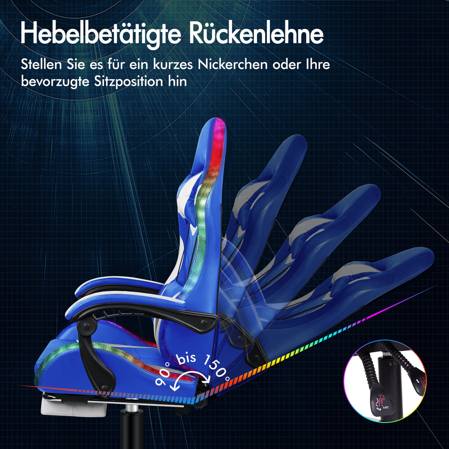 ALFORDSON Gaming Stuhl Büro Massage 12 RGB LED Computer Sitz PU Leder Weiß & Blau