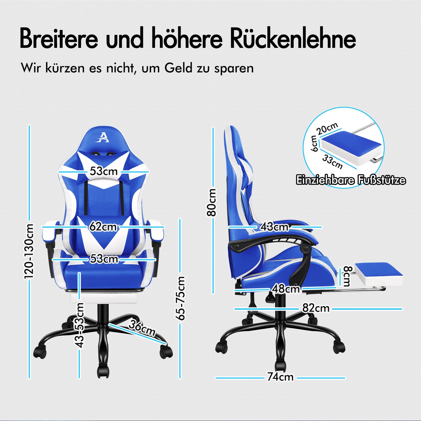 ALFORDSON Gaming Stuhl Büro Massage 12 RGB LED Computer Sitz PU Leder Weiß & Blau