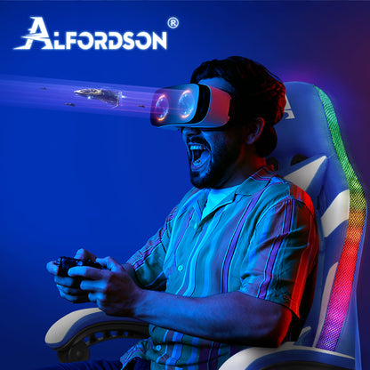 ALFORDSON Gaming Stuhl Büro Massage 12 RGB LED Computer Sitz PU Leder Weiß & Blau