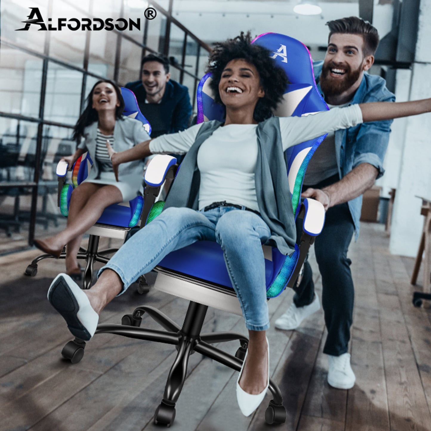 ALFORDSON Gaming Stuhl Büro Massage 12 RGB LED Computer Sitz PU Leder Weiß & Blau