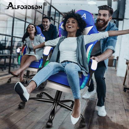 ALFORDSON Gaming Stuhl Büro Massage 12 RGB LED Computer Sitz PU Leder Weiß & Blau